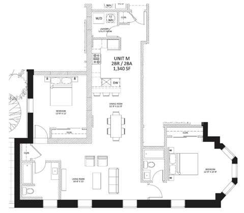 Floor plan for 2 beds, 2 baths